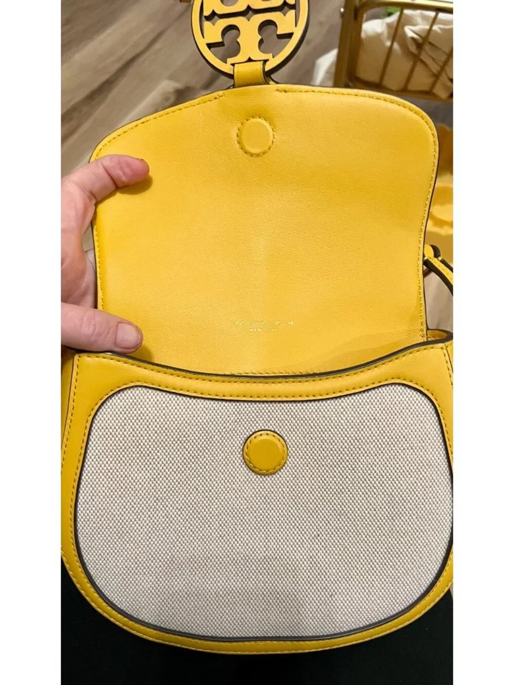 Tory Burch Miller Canvas & Leather Saddle Bag Yellow/Natural Crossbody